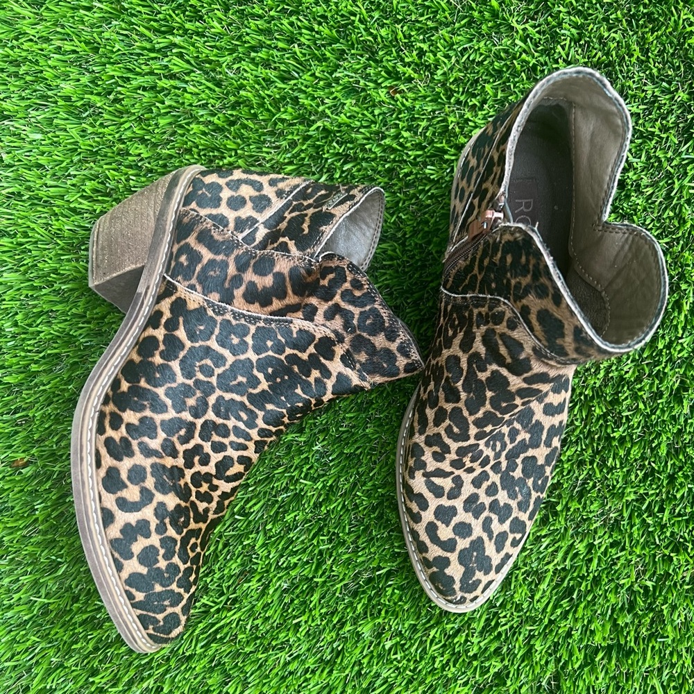 Roxy Cassidy Cheetah Leopard Leather Bootie Ankle Boots Women’s 10 brown black